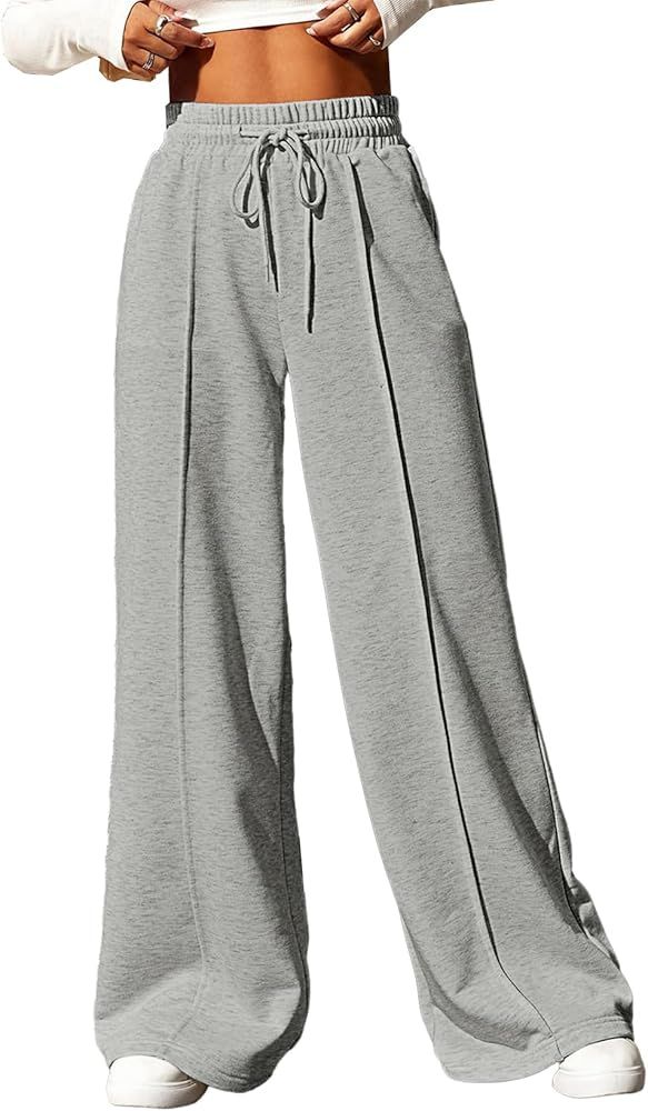 Aleumdr Women's High Waisted Drawstring Waist Wide Leg Sweatpants with Pockets Casual Loose Yoga ... | Amazon (US)