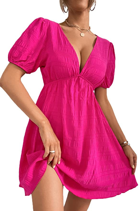 WDIRARA Women's Puff Sleeve Deep V Neck Tie Back Mini A Line Swing Dress | Amazon (US)