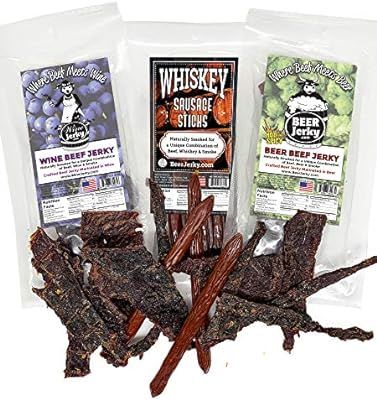 BeerJerky.com - Variety 3-Packs - Beef Jerky and Sausage Sticks Marinated in Beer, Wine or Whiske... | Amazon (US)