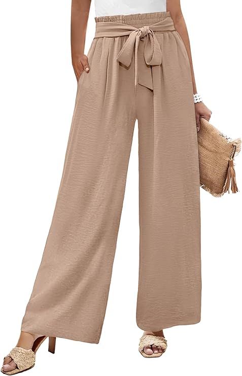 Women's Wide Leg Pants High Waisted Adjustable Tie Knot Loose Trousers Business Casual Work Pants... | Amazon (US)