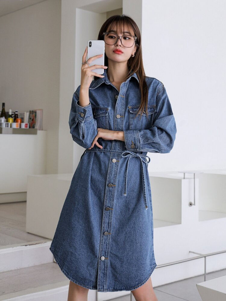 DAZY Flap Pocket Belted Denim Dress | SHEIN