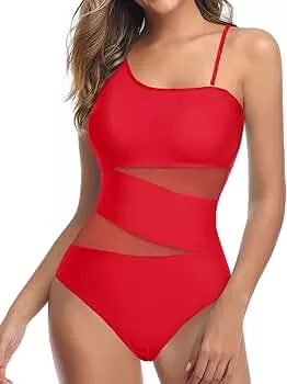 Women One Shoulder One Piece Swimsuits Full Coverage Cutout Mesh
