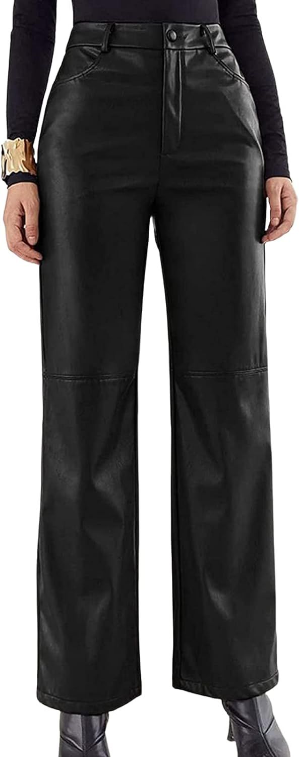 Kaenwang Women's Faux Leather Pants Solid Color High Waist Straight Trousers Slimming Side with P... | Amazon (UK)