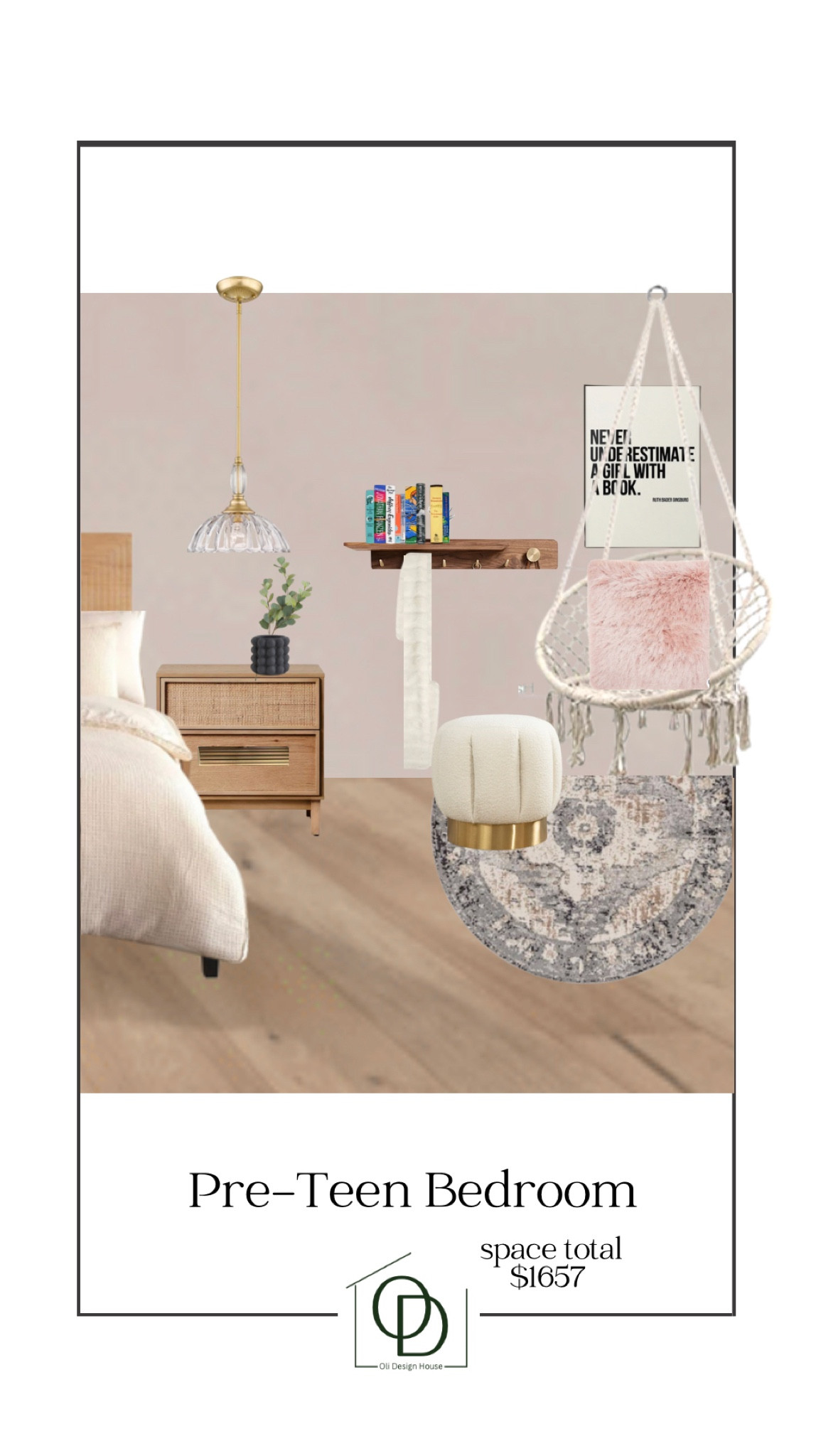 A pre-teen bedroom room design board, complete with wood headboard with decal, wood and cane nightstand, glass and gold scalloped pendant light, black bauble small vase, faux eucalyptus stem, walnut wall shelf with hooks, hammock chair swing, inspirational wall poster, bookshelf, fuzzy white throw blanket, furry pink throw pillow, cream duvet cover, round grey and pink Turkish rug, ribbed brass drawer pulls 

#competition 

#LTKhome #LTKFind #LTKstyletip