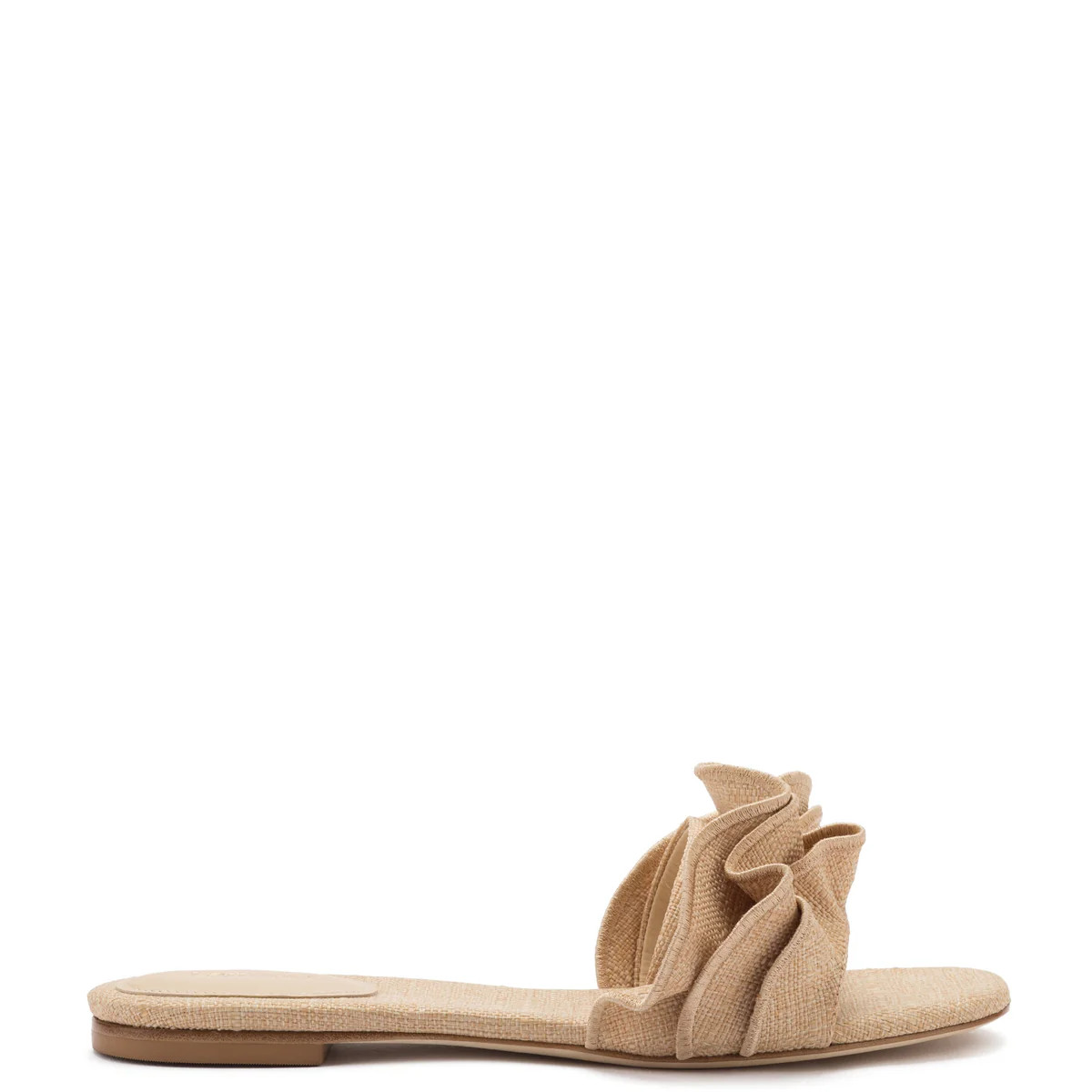 Ivy Ruffle Flat Mule In Beige Raffia | Over The Moon