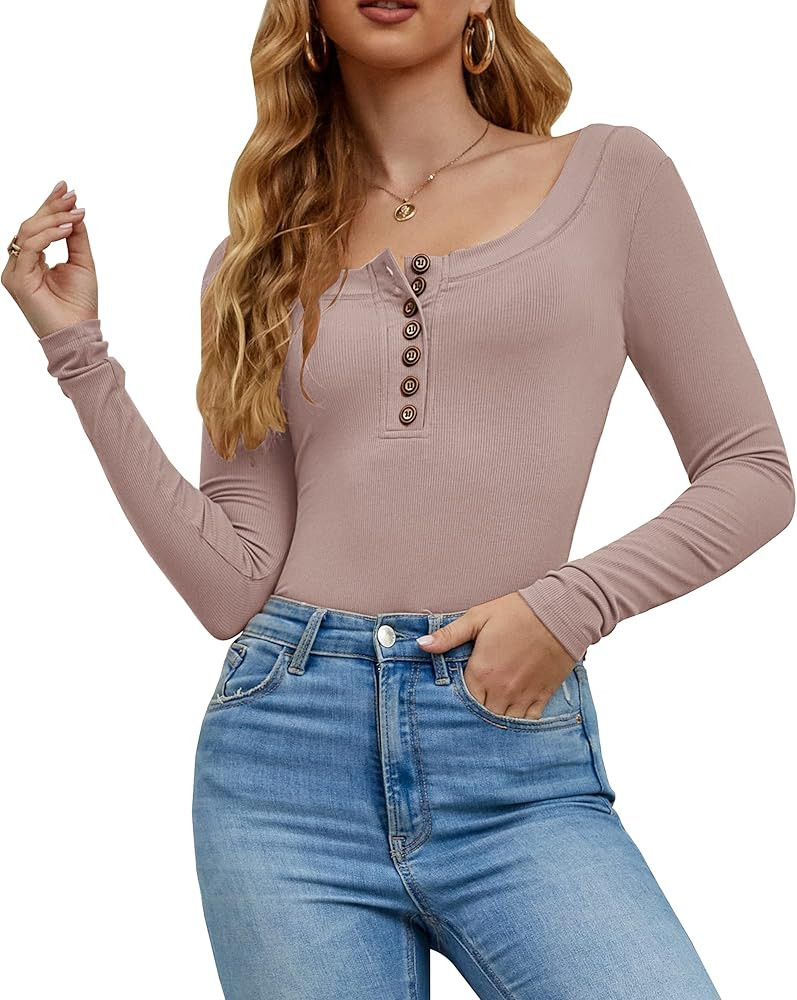 TARAINYA Womens Long Sleeve Scoop Neck Button Down Ribbed Bodysuit 2022 New Autumn Style | Amazon (US)