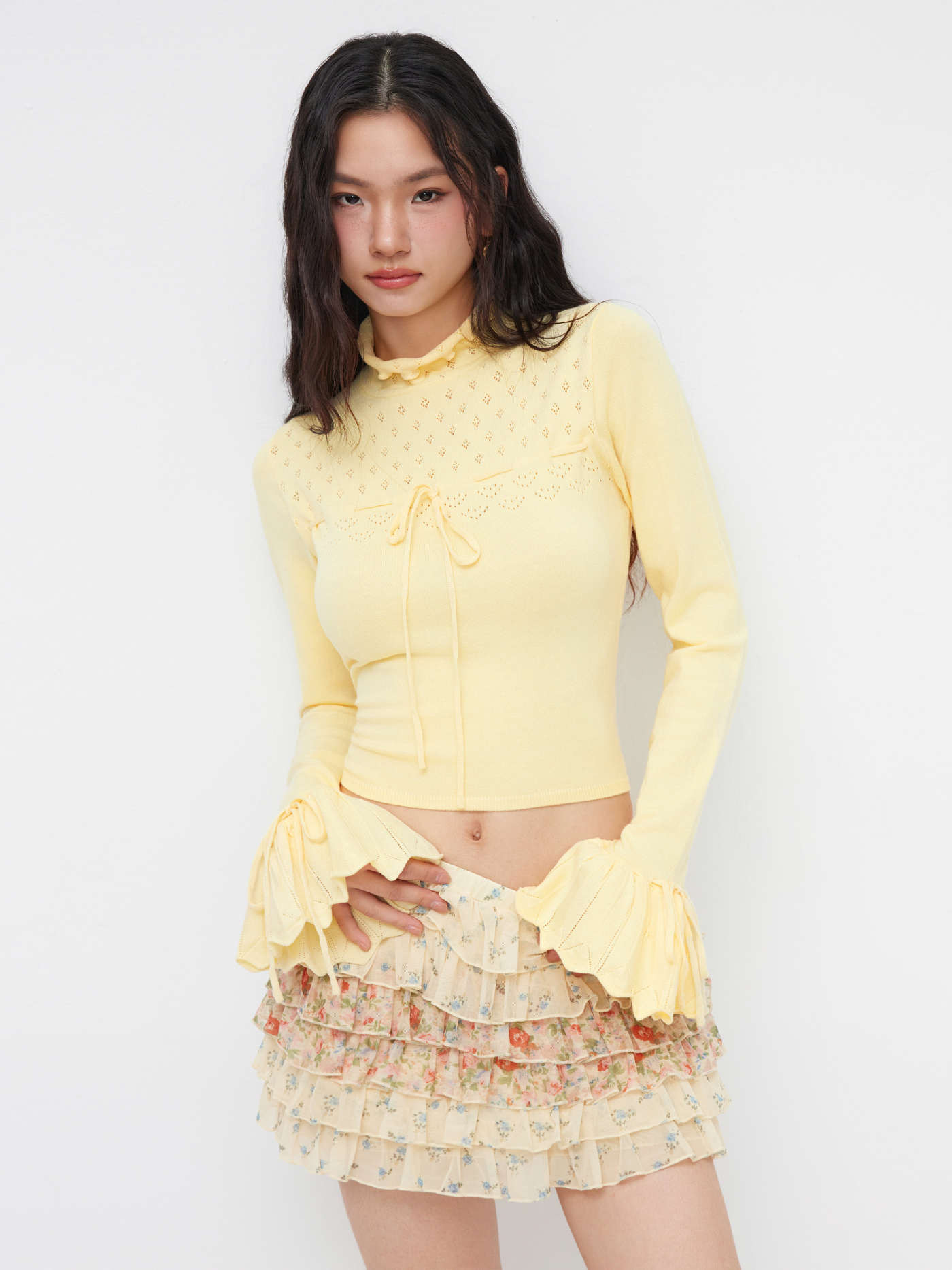 Knit Fabric Knit Stand Collar Pointelle Lettuce Trim Drawstring Bell Sleeve Top For Daily Casual | Cider