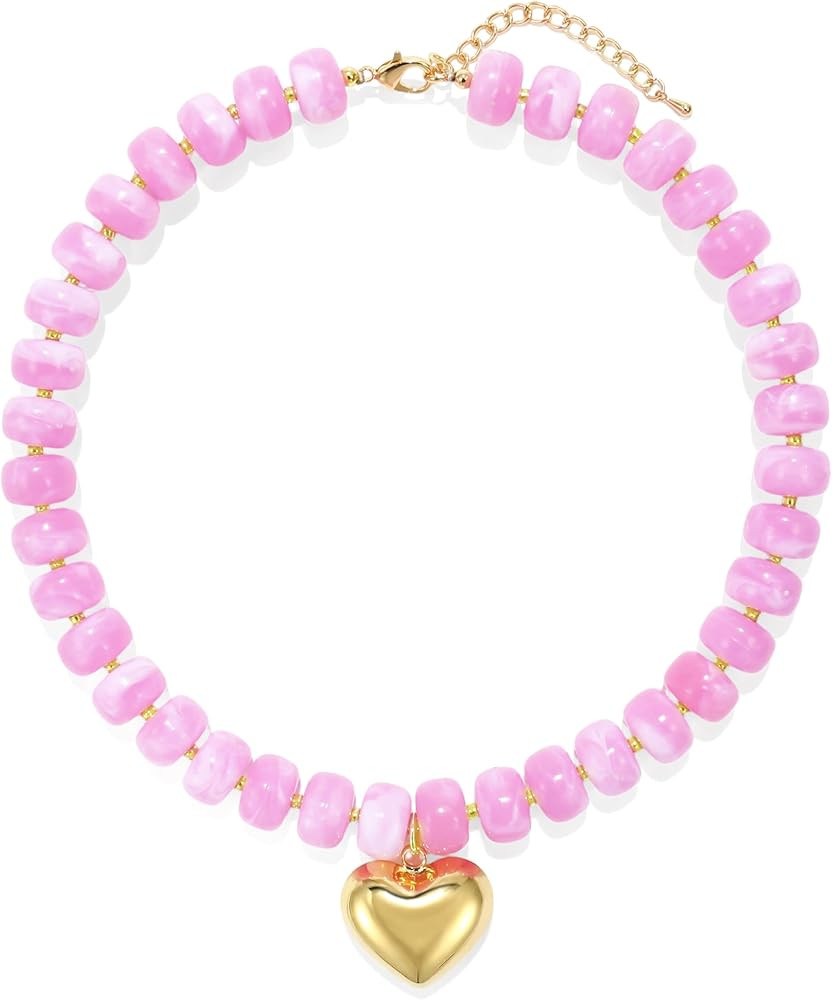 Chunky Heart Necklace for Women, Colorful Acrylic Beaded Statement Puff Heart Necklace, Cute Boho... | Amazon (US)