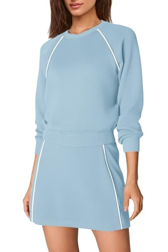 Nirovien Womens 2 Piece Workout Sets Athletic Skort Sets Active Tennis Outfits Crewneck Sweatshirt and Skort(Light Blue,L) | Amazon (US)