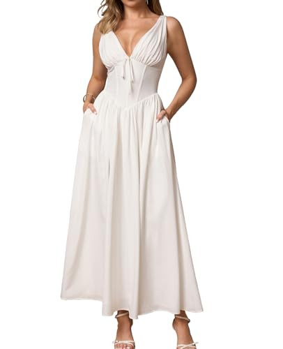 GLNEGE Women's Summer Corset Midi Milkmaid Dress Casual V Neck Flowy A Line Sundress Wedding Guest Dresses with Pockets 2026 White | Amazon (US)