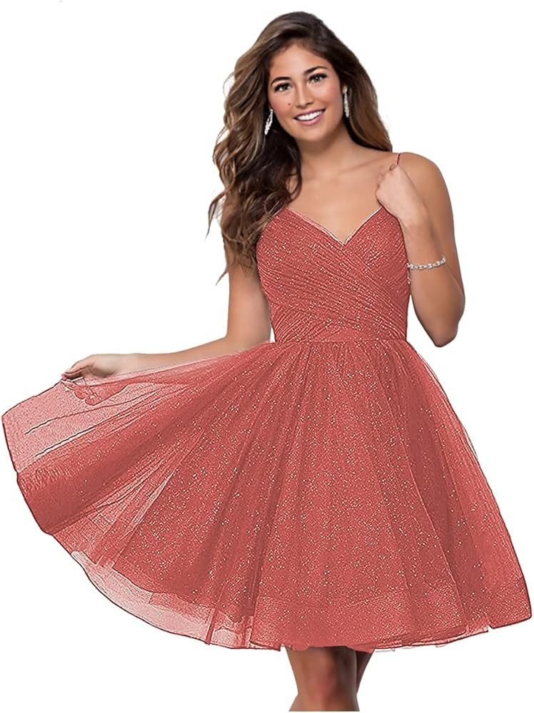 WaterDress Short V-Neck Tulle Homecoming Dresses Sparkly for Teens Spaghetti Straps Cocktail Dres... | Amazon (US)