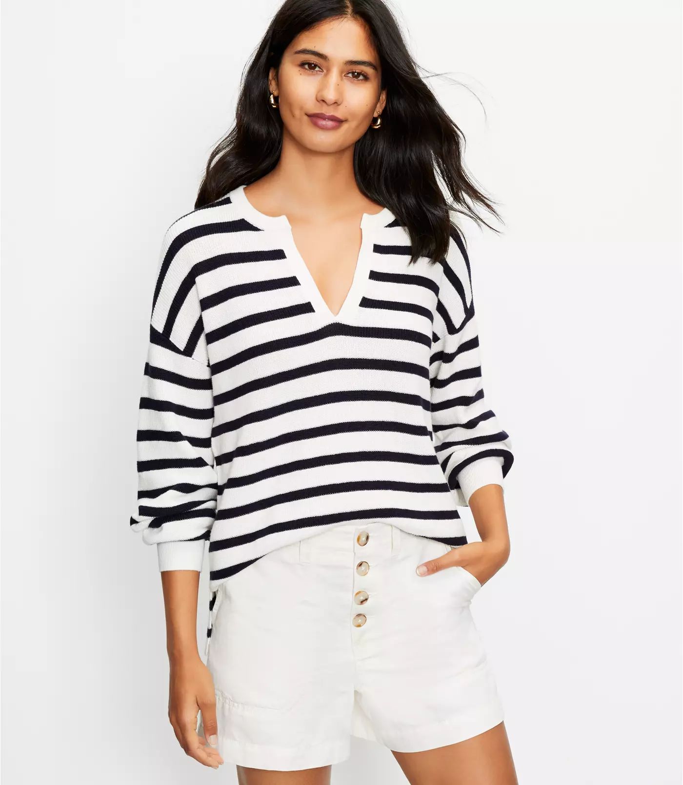 Stripe Textured Split Neck Sweater | LOFT | LOFT
