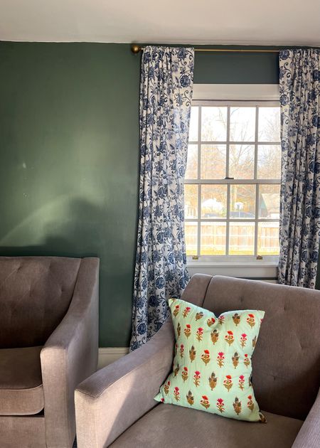 Repainted our playroom in Farrow & Ball Card Room Green & it feels so much more sophisticated! Repurposed these curtains from our laundry room & I love the navy on green! Pillow covers are a fun way to add more color & print, too!

#LTKfindsunder100 #LTKhome