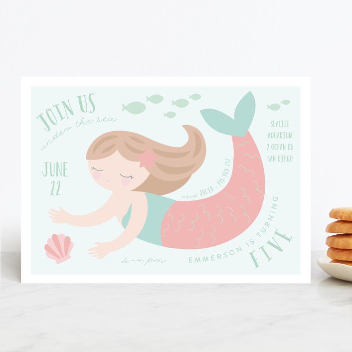 "Sweet Mermaid" - Customizable Children's Birthday Party Invitations in Green or Pink by Angela T... | Minted