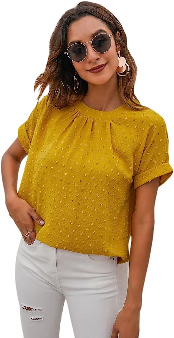 Milumia Women's Casual Swiss Dots Chiffon Ruffle Front Short Sleeve Work Office Blouse Top | Amazon (US)
