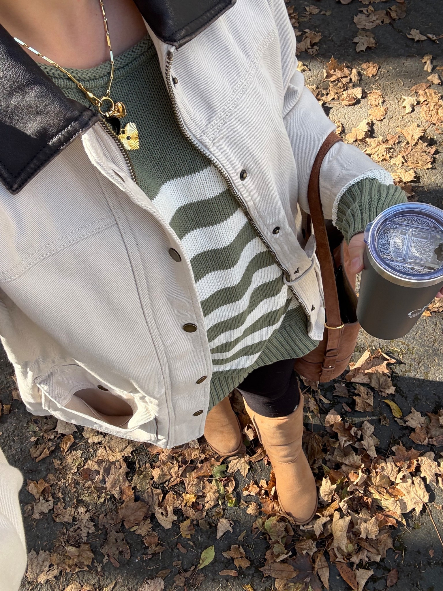 Wearing a size S jacket and a size M sweater. 

Tall Uggs, fall outfit, tunic sweater, fall sweater, fall Charm necklace, barn jacket, postpartum outfit, pregnancy friendly 