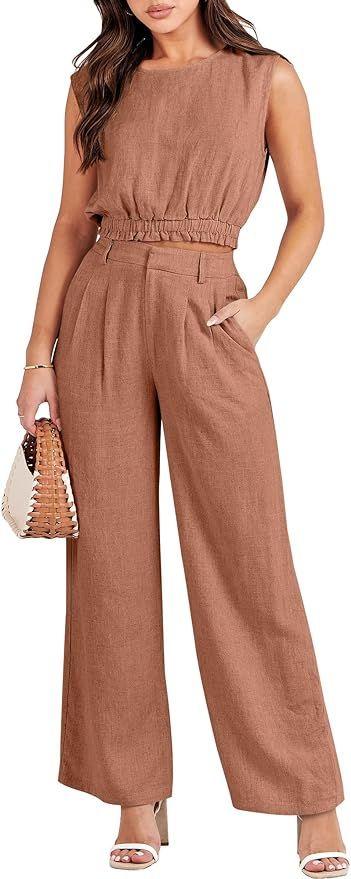 ANRABESS Women's Summer 2 Piece Outfits Linen Crop Tank Top Lounge Matching Sets & Long Pants Tra... | Amazon (US)