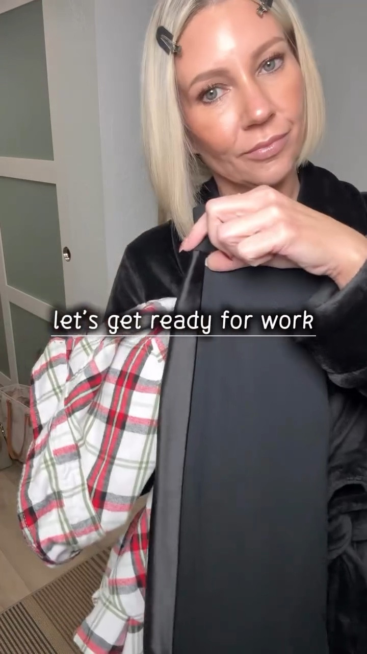 Let’s Get Ready for Work ✨✨
Holiday Edition 🎄🎁



#letsgetready #styleover40 #grwmoutfit 

Holiday outfit, tuxedo pants, casual holiday style, plaid flannel,
