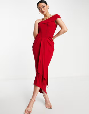 ASOS DESIGN bardot corset detail ruched midi dress in red | ASOS | ASOS (Global)