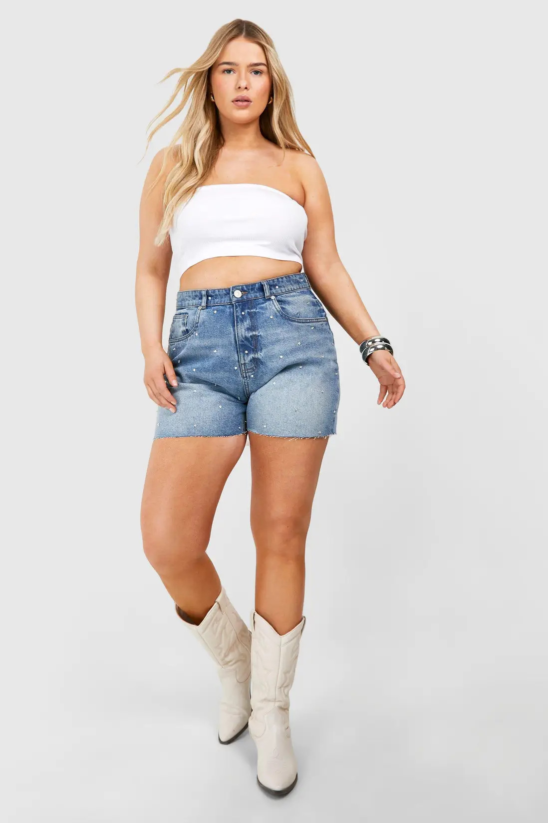 Washed Blue Plus Diamante Denim Short | Boohoo USA | boohoo (US & Canada)