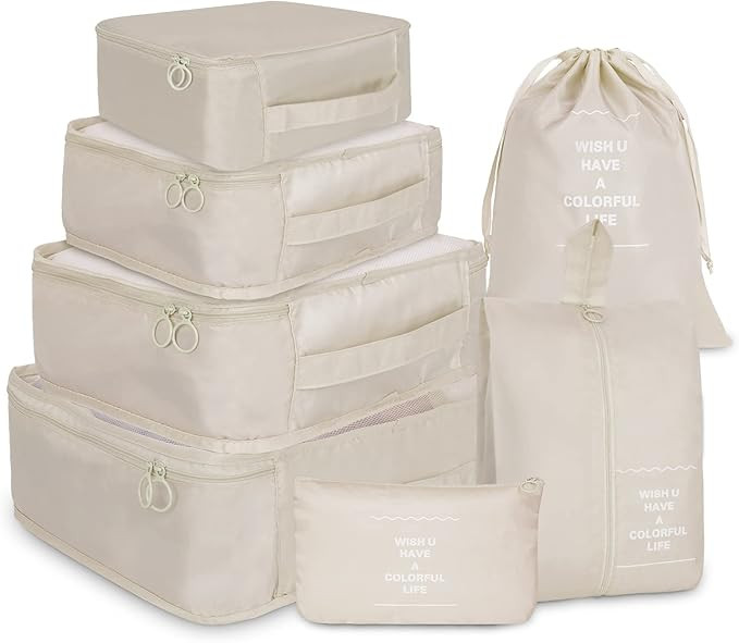 Packing Cubes for Travel 7 Pcs Foldable Travel Cubes Set Lightweight Luggage Organizers(Beige) | Amazon (US)