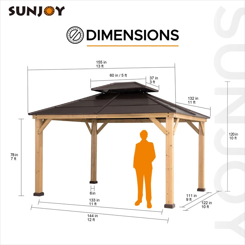 Sunjoy 11 ft. x 13 ft. Patio Brown 2-Tier Cedar Framed Hardtop Gazebo | Wayfair North America