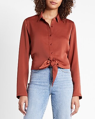 Satin Tie Front Portofino Shirt | Express