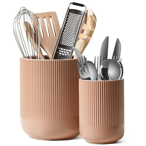 LE TAUCI Utensil Holder, 7.3"+5.4" Ceramic Kitchen Utensil Holder for Countertop, Large Cooking Utensil Crocks for Kitchen Counter, Modern Utensil Organizer for Spatula, Set of 2, Dusty Pink | Amazon (US)
