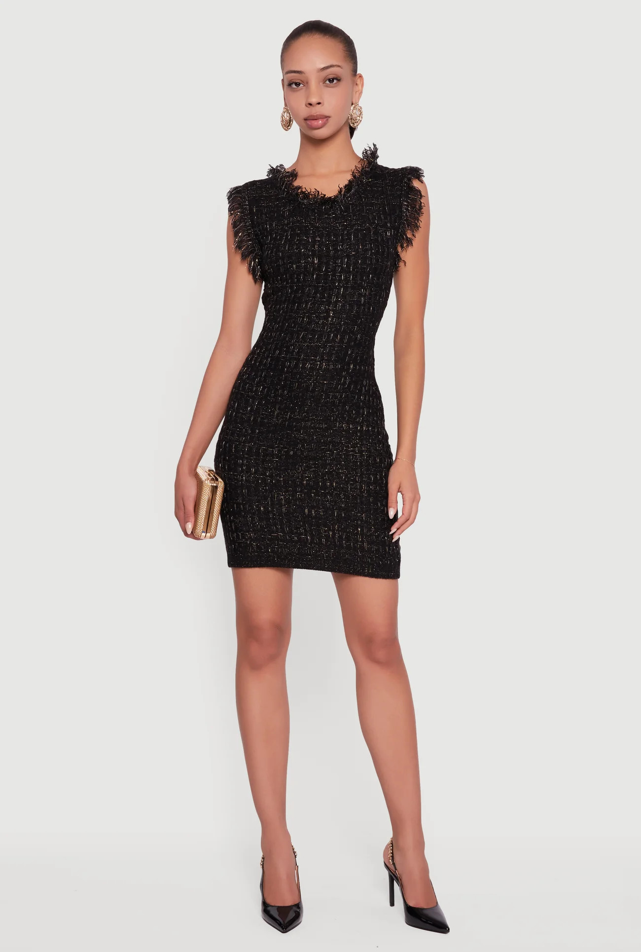 Lurex Tweed Frayed Keyhole Back Mini Dress | Rainbow Shops