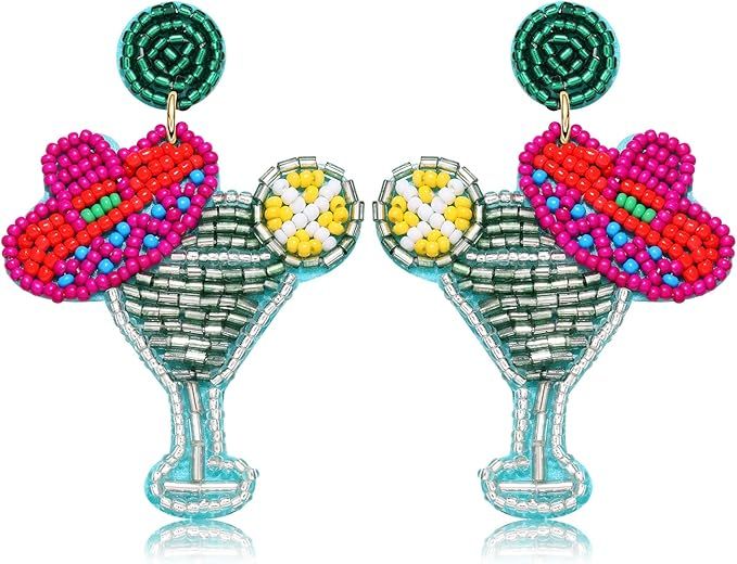 Beaded Cocktail Earrings Cinco De Mayo Earrings for Women Tropical Drink Hot Pink Drop Dangle Ear... | Amazon (US)