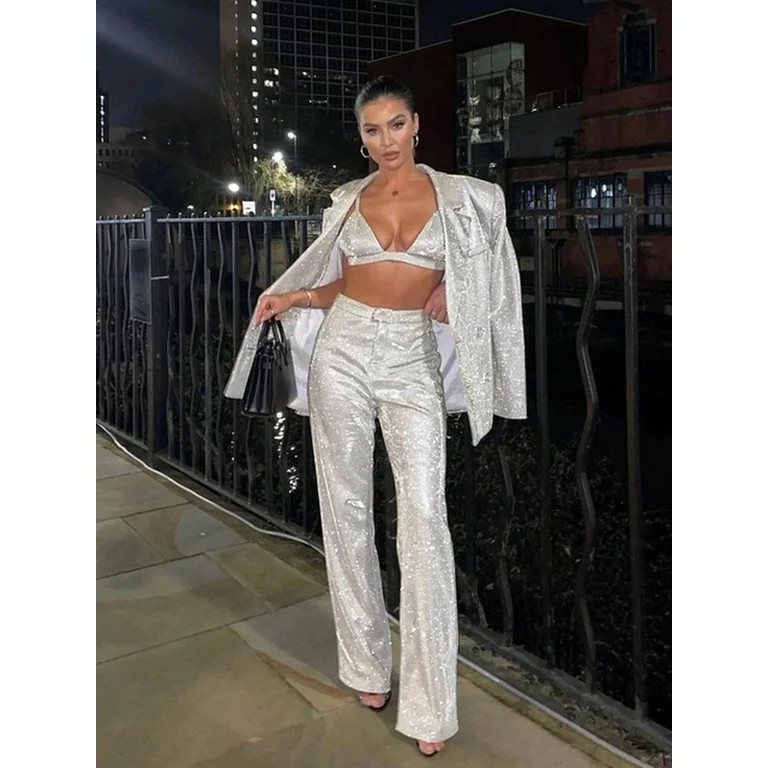 Glitter Silver Party Two Piece Pants Set Women Club Night Outfits Fashion Sparkly Blazer Matching... | Walmart (US)