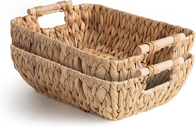 StorageWorks Hand-Woven Large Storage Baskets with Wooden Handles, Water Hyacinth Wicker Baskets ... | Amazon (US)