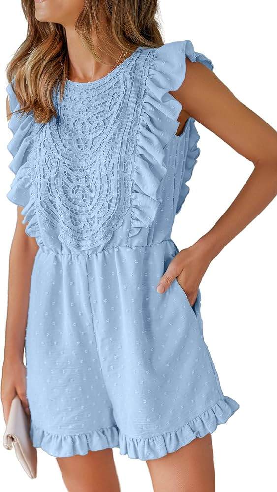 Angashion Womens Rompers 2025 Dressy Summer Casual Embroidery Lace Print One Piece Outfit Ruffle ... | Amazon (US)