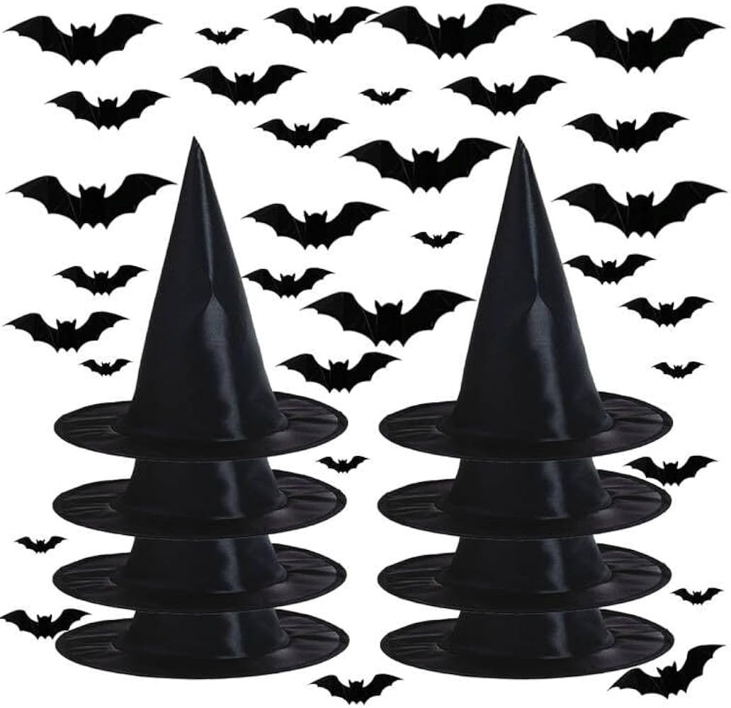 Halloween Witch Hats for Halloween Decoration, 8PCS Black Witch Hats, 32PCS 3D Bats, Black Witch ... | Amazon (US)