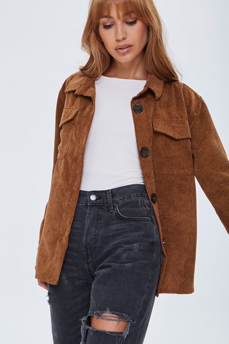 Corduroy Button-Front Shacket in Camel, Size XL | Forever 21 (US)