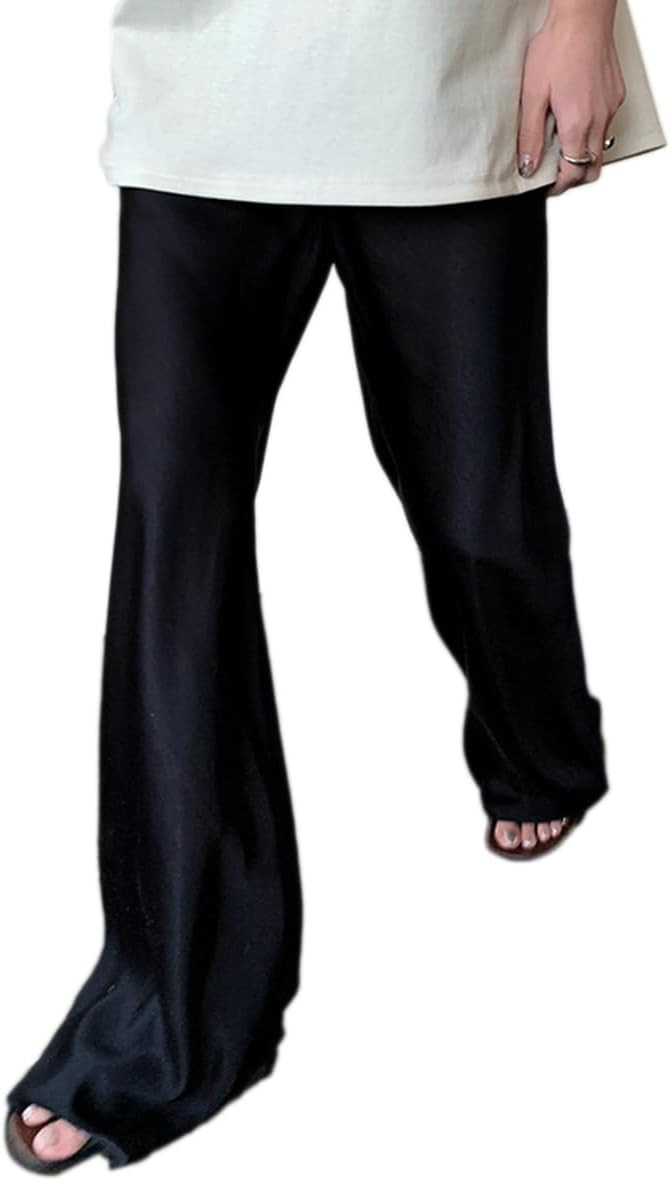 Women Satin Wide Leg Dress Pants Silk Casual Dressy Long Flowy Pants Elastic High Waisted Trouser... | Amazon (US)