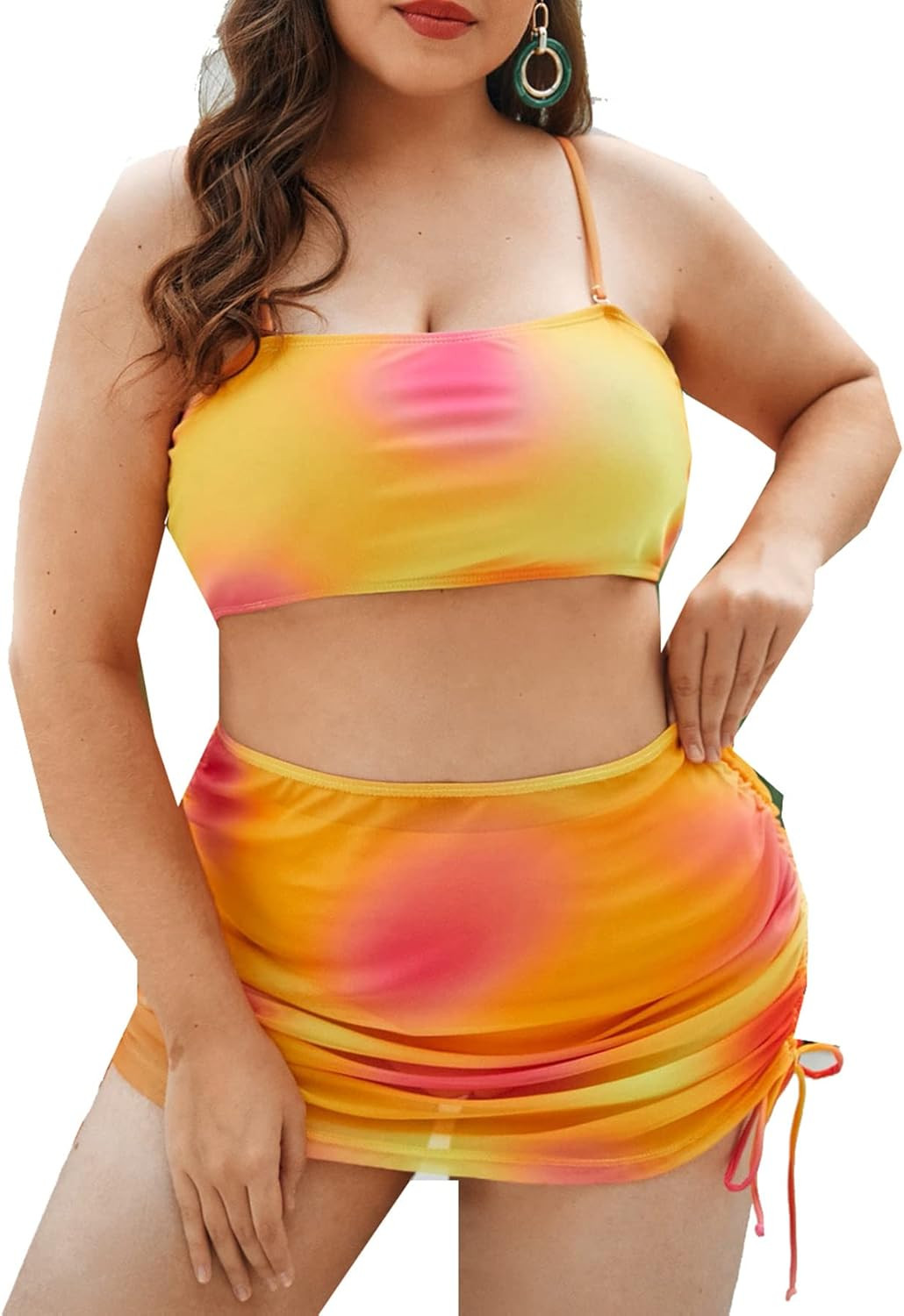 Romwe Women's Plus Size 3 Piece Bikini Set Solid Swimsuit Set with Cover Up | Amazon (US)