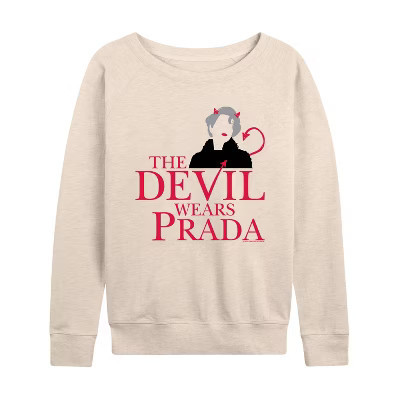 Women's The Devil Wears Prada Logo Lightweight French Terry Wide Neck Long Sleeve Graphic Shirt - Birch - Small | Target