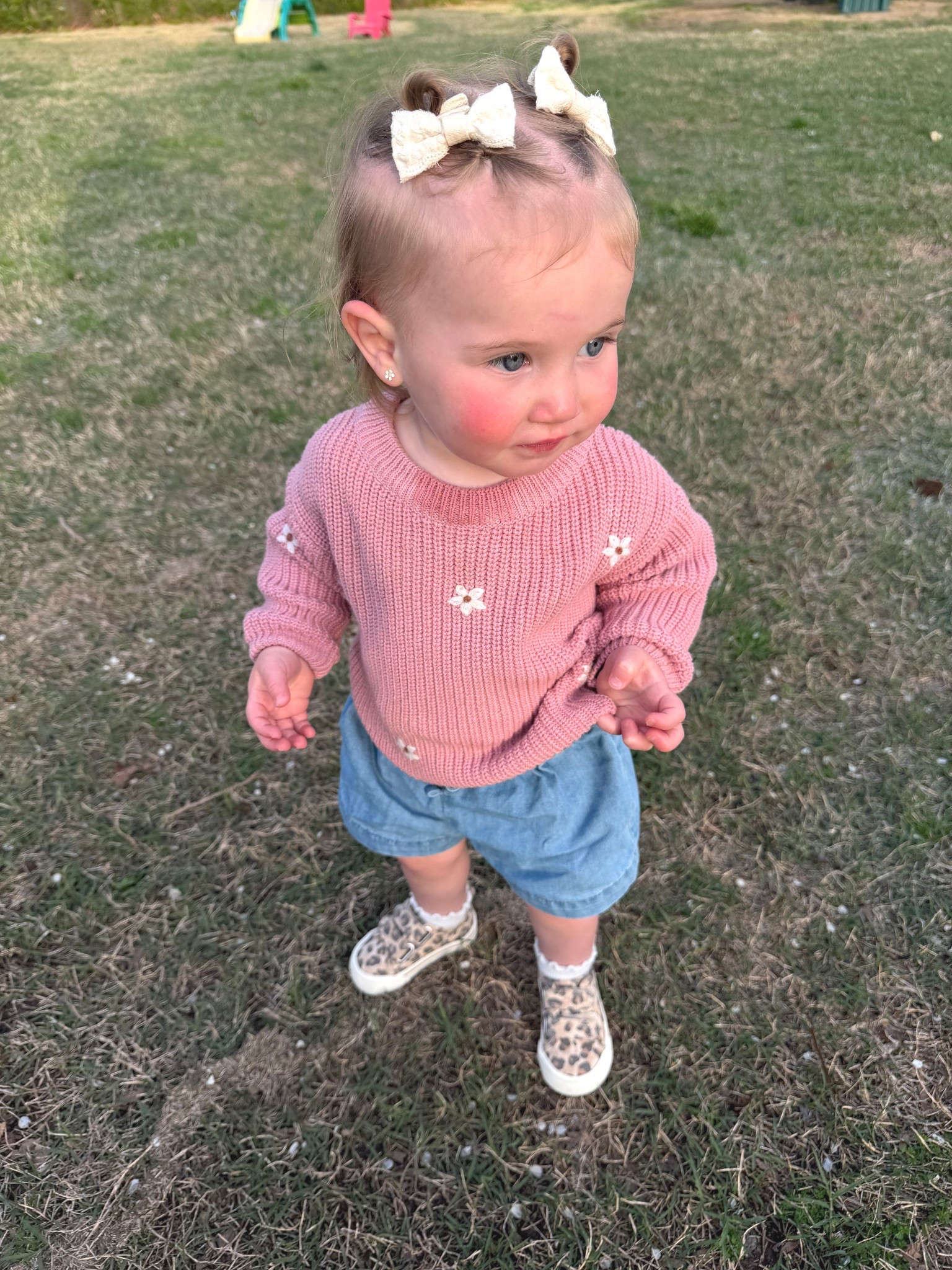 | baby and toddler girl spring outfit | toddler paper bag jean shorts | daisy sweater | 
- size down in the shorts, she is in a 6month size and is 15 months old-

#LTKKids #LTKBaby #LTKmomlife