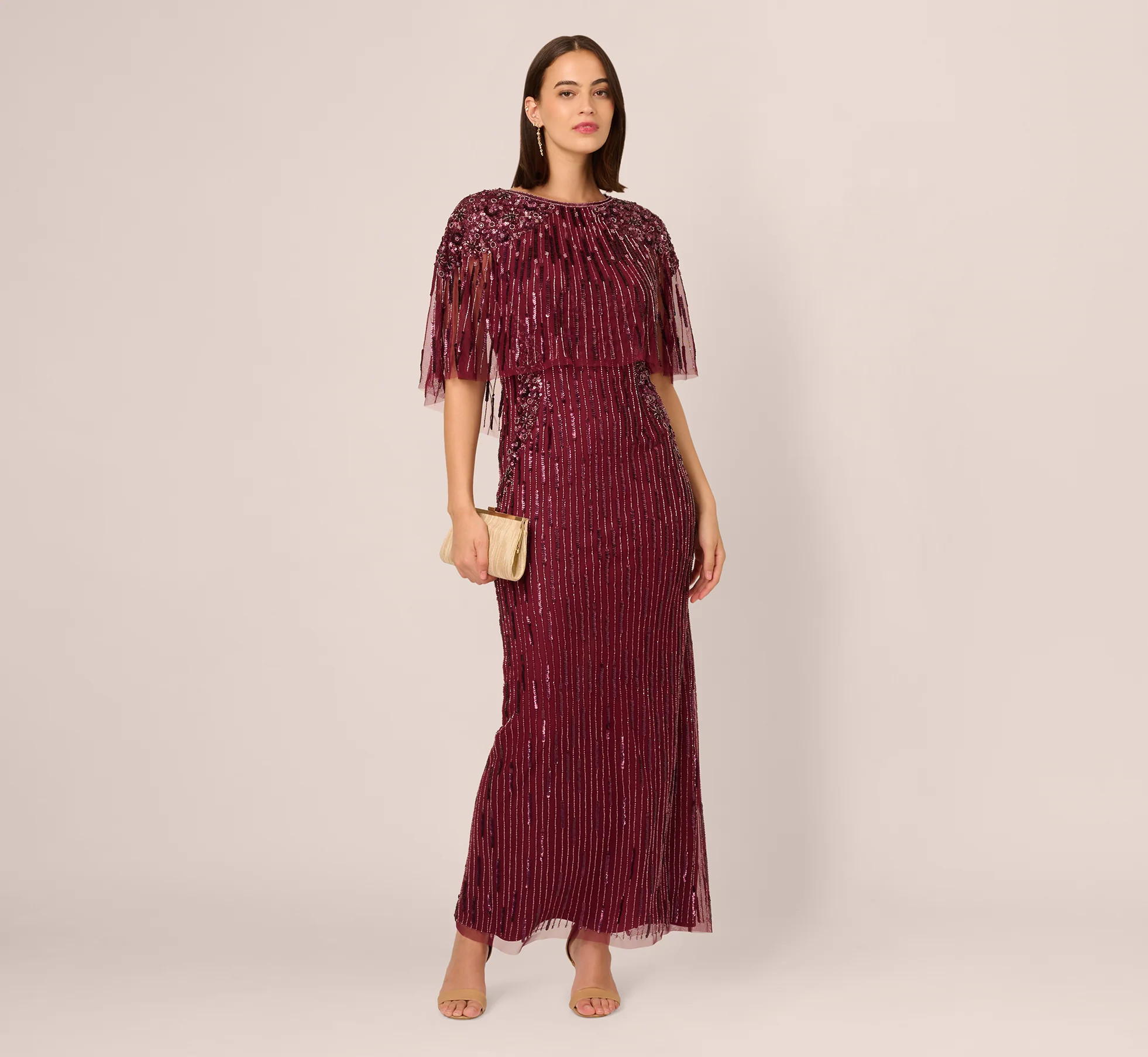 Linear Bead Cape Column Gown In Mahogany | Adrianna Papell