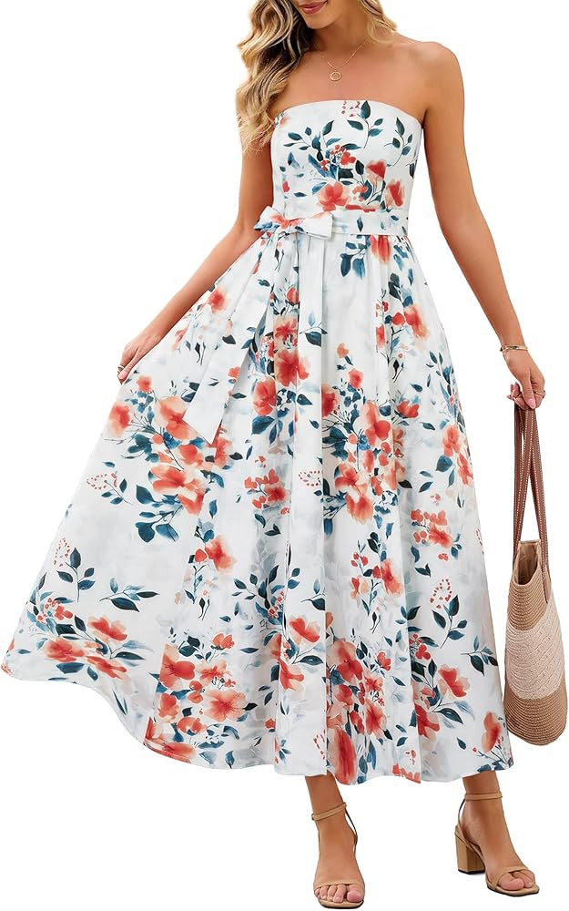 MEROKEETY Women's Summer Floral Maxi Dresses 2026 Strapless Tube Smocked Tie Boho Beach Wedding G... | Amazon (US)