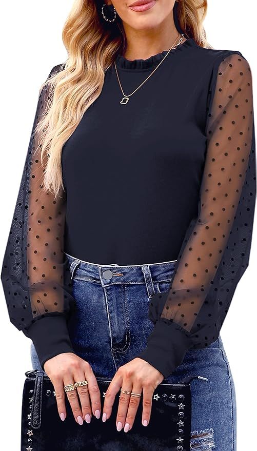 IFJIM Women's Casual Dressy Top Sheer Mesh Polka Dot Long Sleeve Shirt Mock Neck Elegant Blouse | Amazon (US)