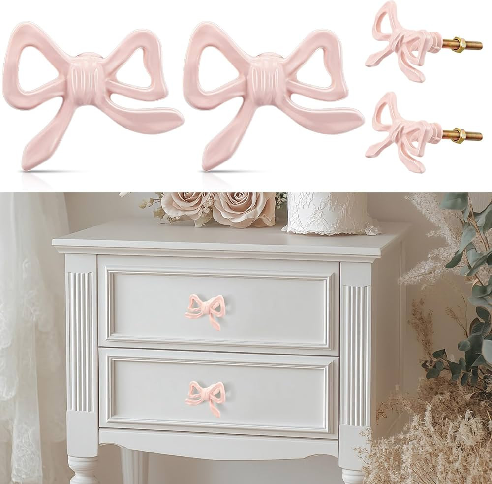 2 Pcs Pink Bow Knobs for Dresser,Pink Bow Drawer Knobs, Coquette Dresser Handles, Decorative Hand... | Amazon (US)