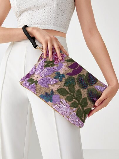 Floral Applique Detail Sequins Colorblock Straw Bag | SHEIN