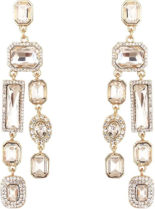 Vintage Rectangle Teardrop Chandelier Earrings, Art Deco Wedding Austrian Crystal Drop Dangle Ear... | Amazon (US)