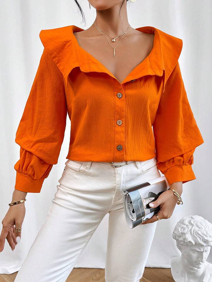 SHEIN Essnce Button Front Lantern Sleeve Shirt | SHEIN