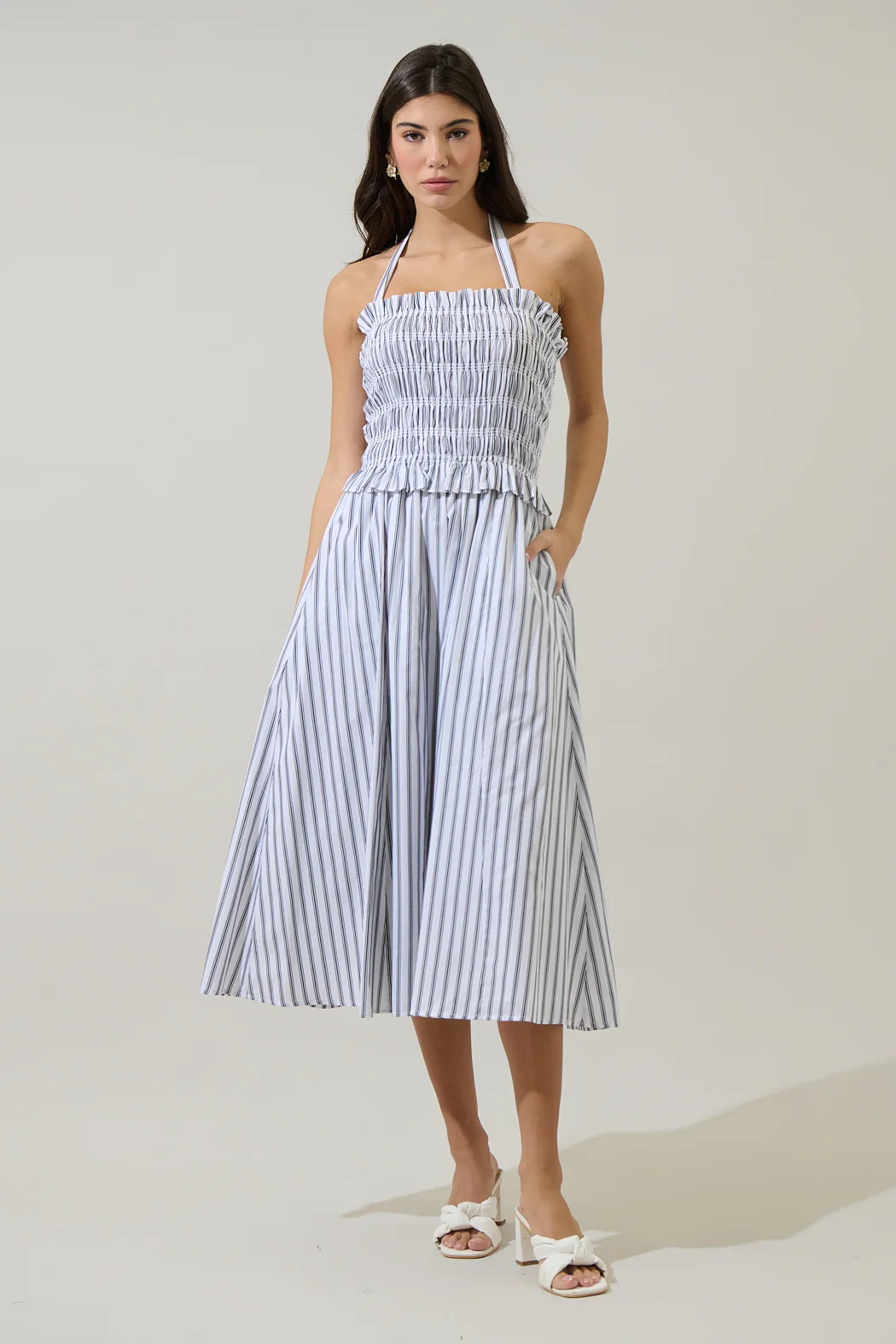 Kolin Striped Smocked Midi Dress | Sugarlips