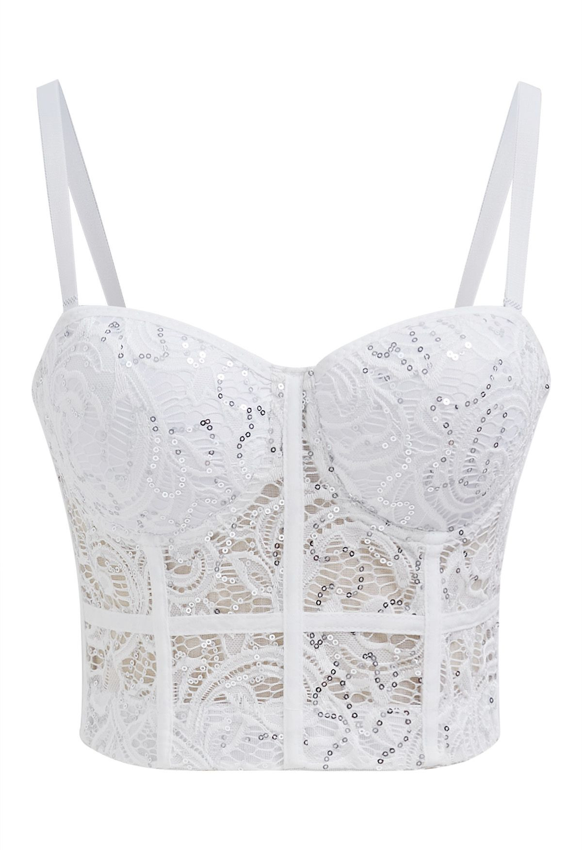 Sequined Lace Bustier Crop Top in White | Chicwish
