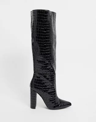 Steve Madden Tamsin heeled knee high boot in black croc | ASOS (Global)