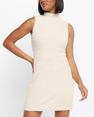 Cozy Knit Mock Neck Sleeveless Open Back Mini Sheath Dress | Express
